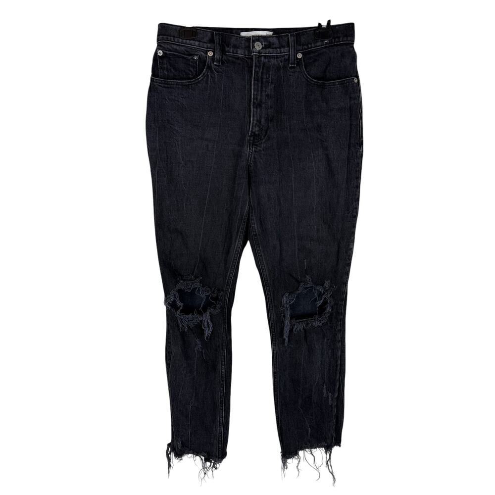 Abercrombie & Fitch Mom Jean Women 29/8 Black Denim Stretch High-Rise Frayed Hem
